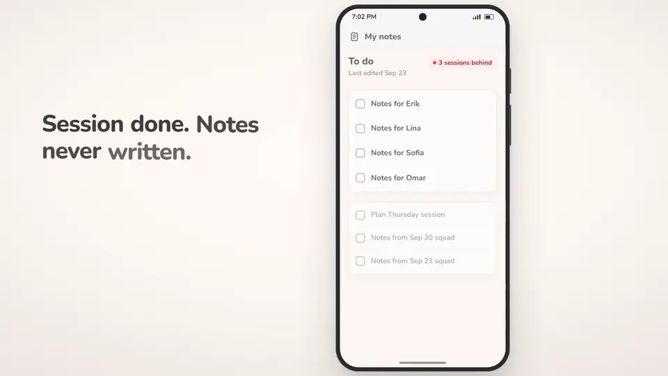 Animated demo of PokaMind Coach with example data. A swim coach holds a button and talks for a minute, sees the voice note checked for clarity, gets a drafted note for each swimmer, edits one, checks it and sends it in the swimmer's language.
