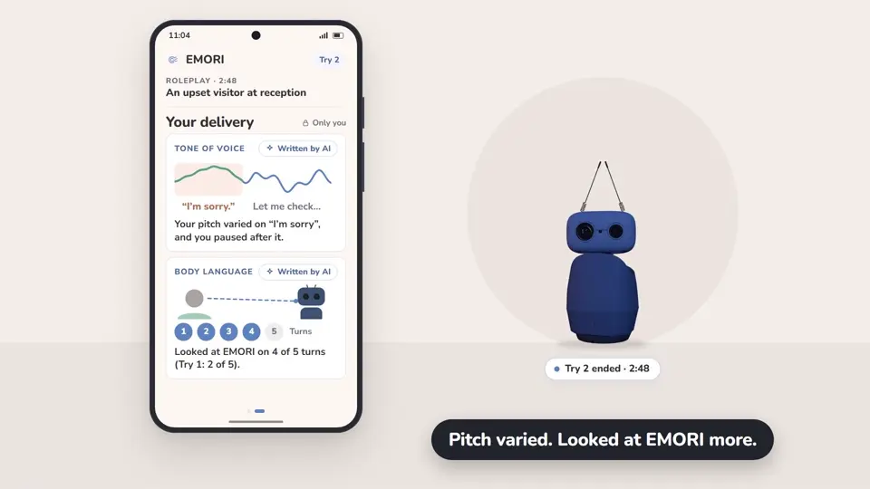 Animated demo of EMORI with example data. A hospital front-desk staff member asks EMORI to play an upset visitor, rehearses out loud in Catalan, Spanish or English, then reads their own pace, pauses, questions, tone of voice and body language compared with their usual.