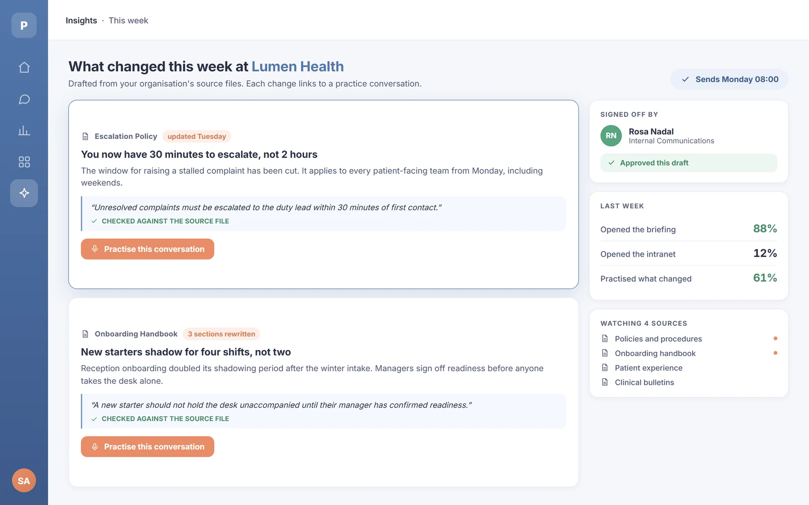 A weekly internal briefing listing what changed across a set of company documents, each item quoting its source file and offering a practice link.