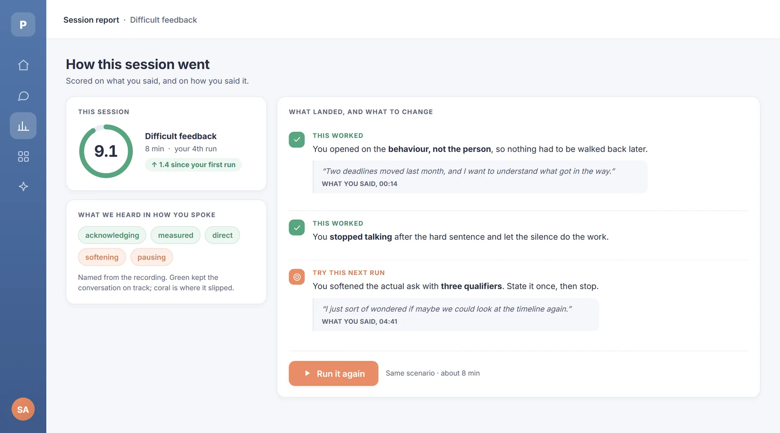 A session report with an overall score, the communication styles observed, and feedback quoting exactly what the person said