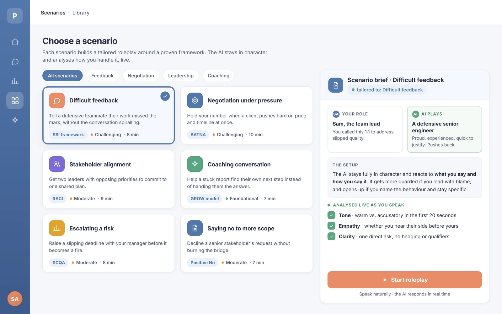 Choosing a practice scenario, showing the learner’s role on one side and the character the AI will play on the other